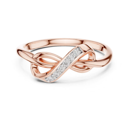 Riora infinity knot moissanite diamond ring, dainty minimalist promise band with stackable design and sparkling gemstone details.