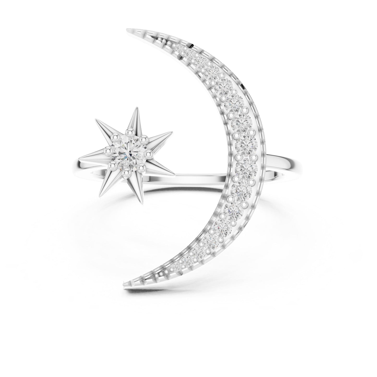 Rose gold celestial moon and star ring with moissanite and diamond accents, featuring a crescent design, by Riora.