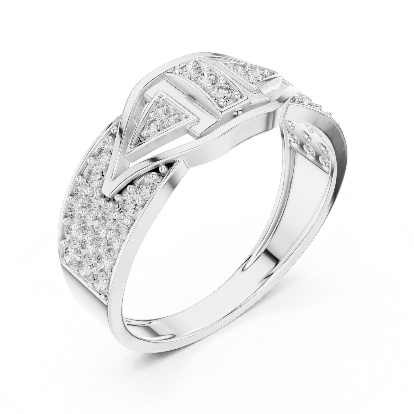 Riora Art Deco CZ triple panel wide band ring with hypoallergenic design, showcasing intricate geometric details on polished gold-tone metal