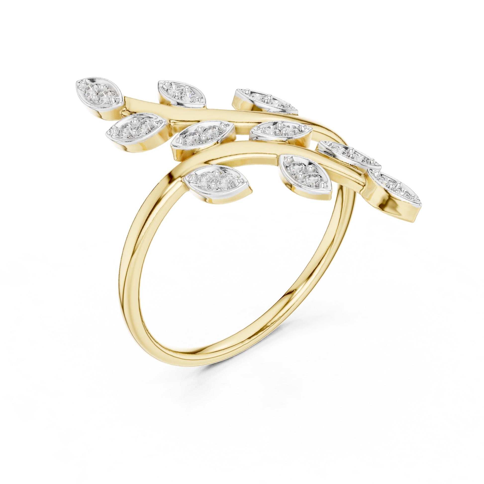 Rose gold botanical ring featuring a leaf and vine design with moissanite stones, inspired by nature, for women by Riora.