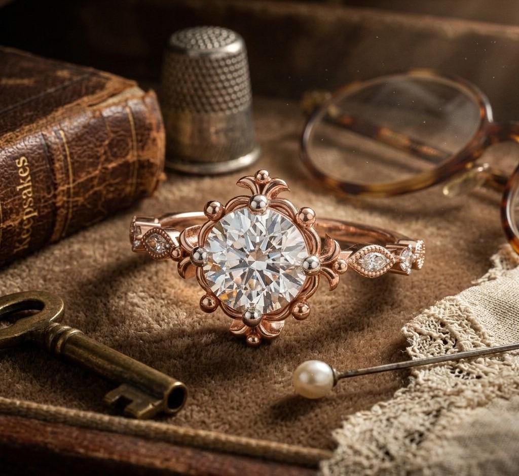 Riora floral moissanite engagement ring with round cut stone, antique-inspired design in rose gold for a unique wedding bridal jewelry