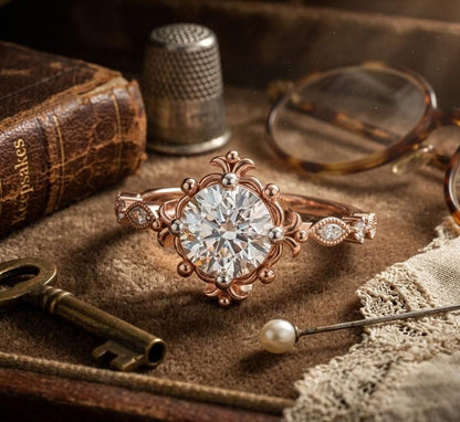 Riora floral moissanite engagement ring with round cut stone, antique-inspired design in rose gold for a unique wedding bridal jewelry
