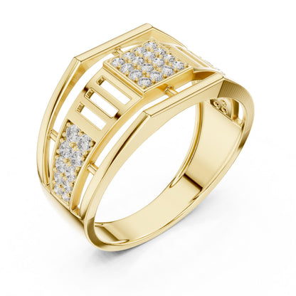 Men’s gold and rose silver CZ statement wide band ring by Riora, showcasing hypoallergenic fashion jewelry with intricate design details.