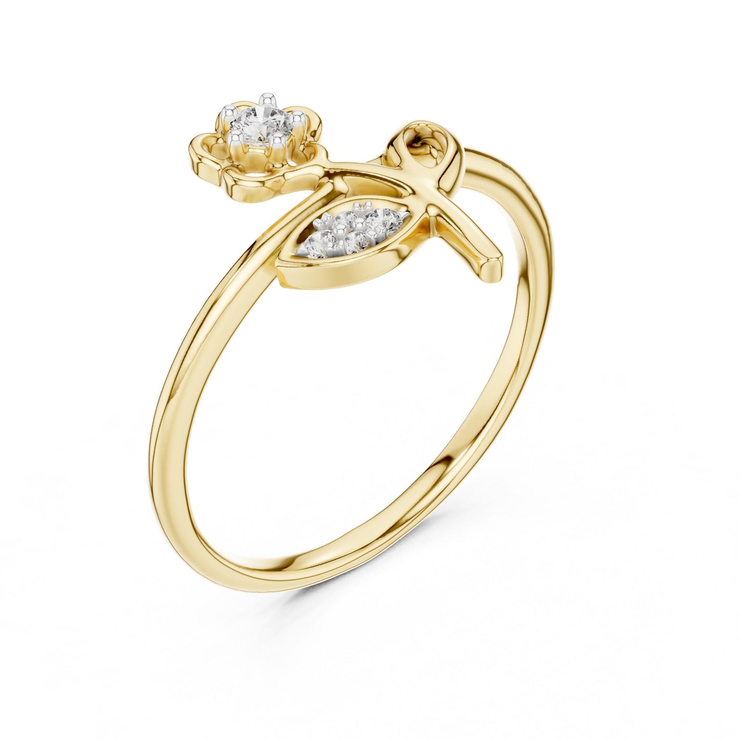 Riora Moissanite flower ring with rose gold band featuring a floral design and minimalist botanical style for engagement or promise.