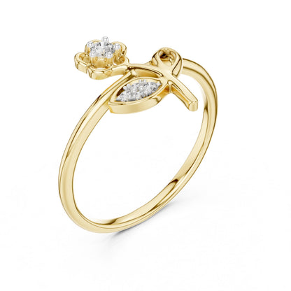 Riora Moissanite flower ring with rose gold band featuring a floral design and minimalist botanical style for engagement or promise.