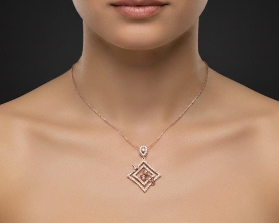 Moissanite Diamond Pendant Necklace, Gold Rose Silver Floral Geometric Charm  Chain Gift for Her