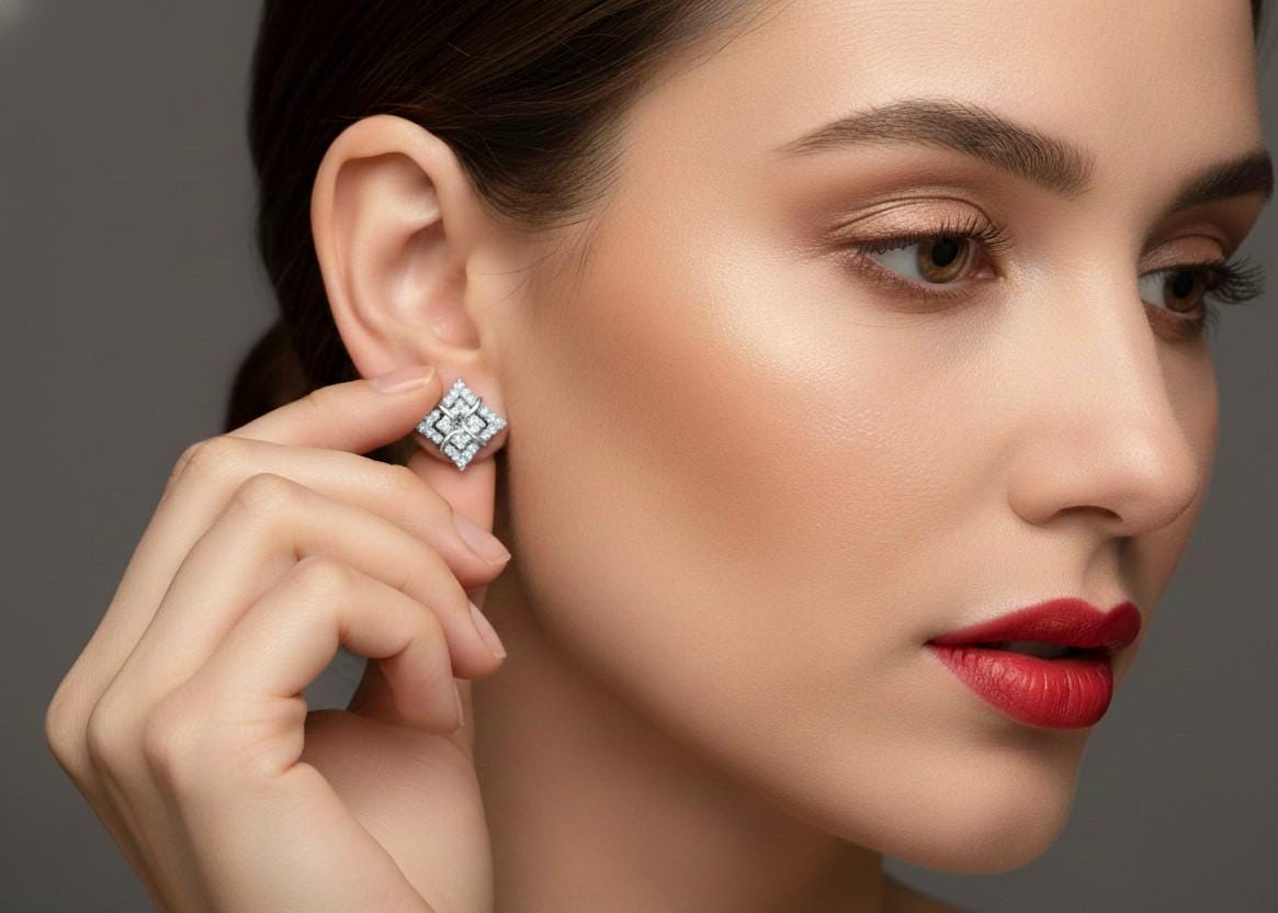 Moissanite Geometric Square Stud Earrings | Hypoallergenic | Gold, Rose Gold, Silver