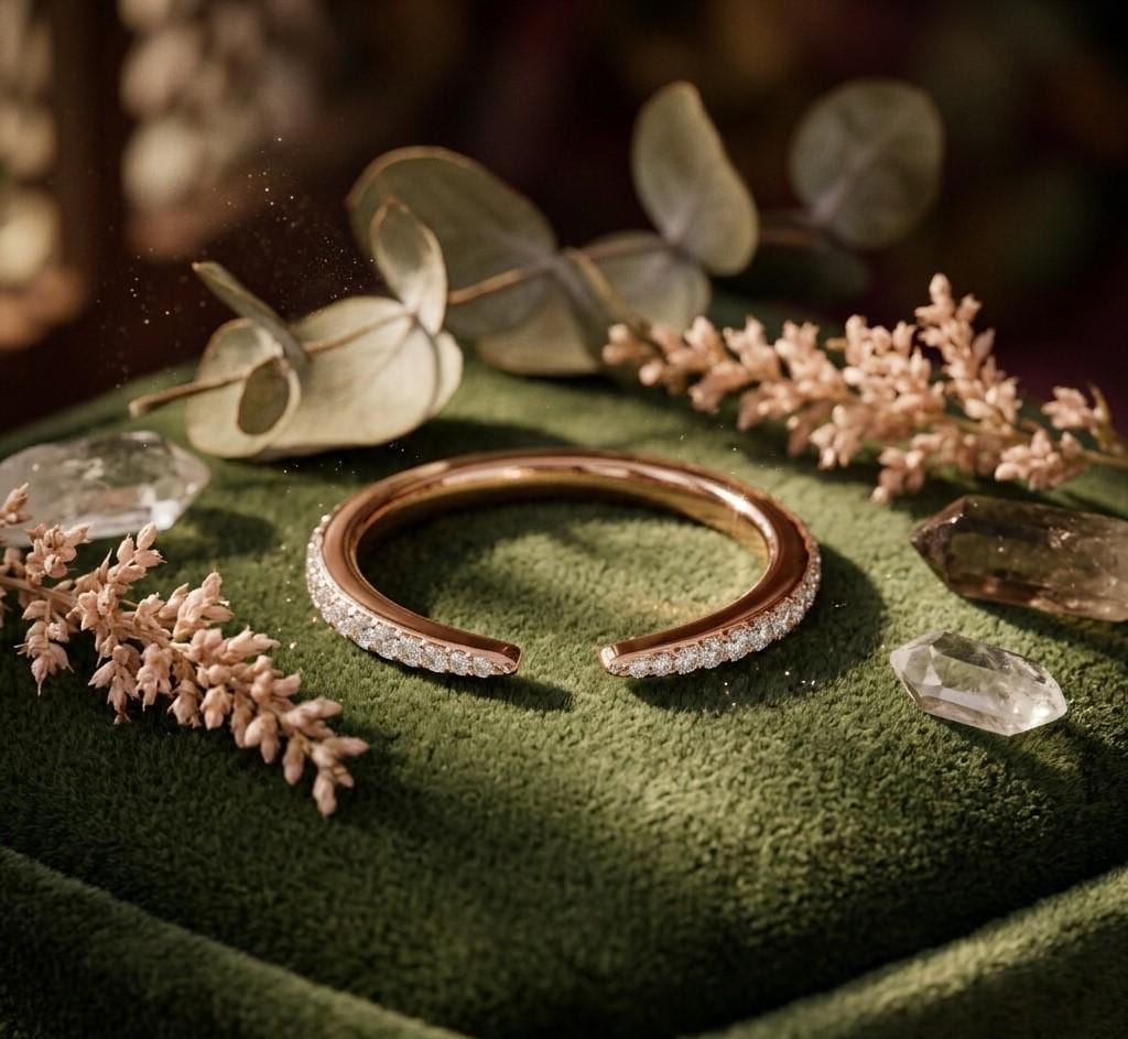 Riora open cuff moissanite ring with diamond-style design in rose gold, featuring a minimalist half eternity band and adjustable fit