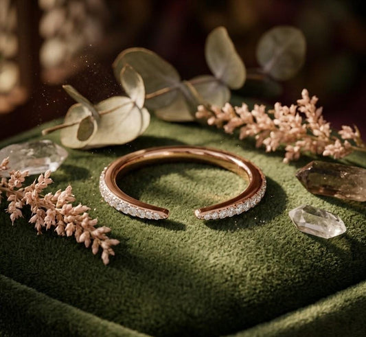 Riora open cuff moissanite ring with diamond-style design in rose gold, featuring a minimalist half eternity band and adjustable fit