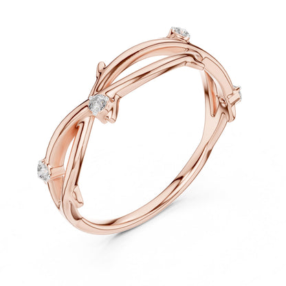 Rose gold Moissanite branch ring with a nature-inspired twig design, minimalist style, resembling a diamond look band.