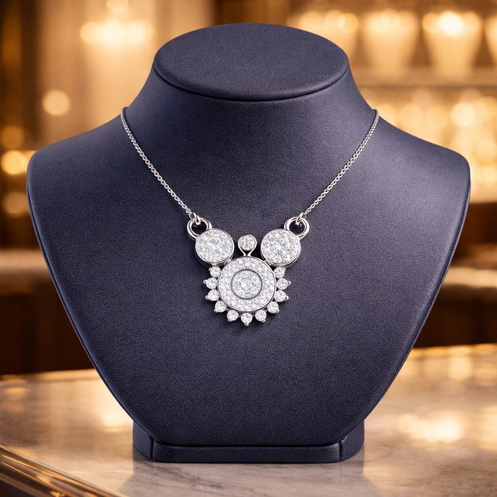Riora moissanite statement bridal necklace with rose gold pendant, silver setting, diamond-like sparkle, perfect for wedding jewelry.
