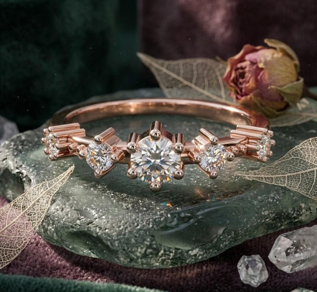Riora vintage rose gold five stone moissanite engagement and anniversary ring with crown prong setting for women.