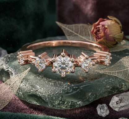 Riora vintage rose gold five stone moissanite engagement and anniversary ring with crown prong setting for women.