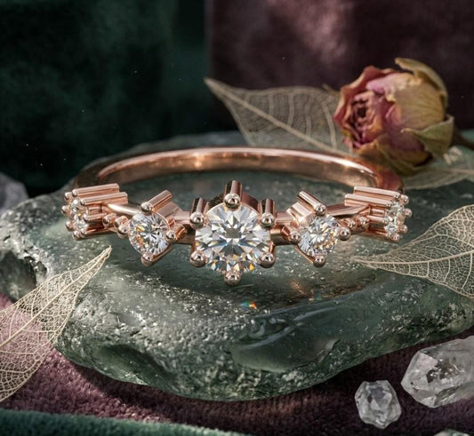 Riora vintage rose gold five stone moissanite engagement and anniversary ring with crown prong setting for women.