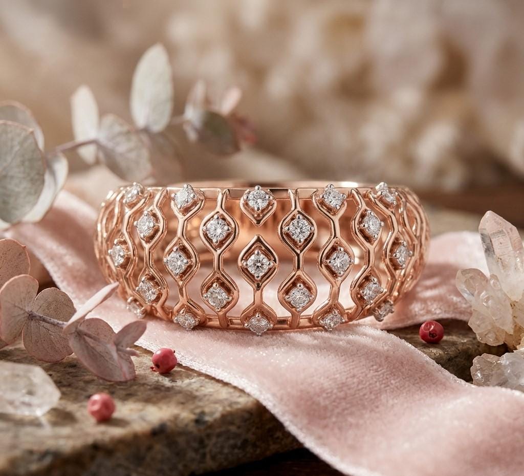 Rose gold moissanite wide anniversary ring with lattice design, diamond-like sparkle, and elegant bridal jewelry by Riora.