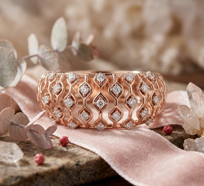 Rose gold moissanite wide anniversary ring with lattice design, diamond-like sparkle, and elegant bridal jewelry by Riora.