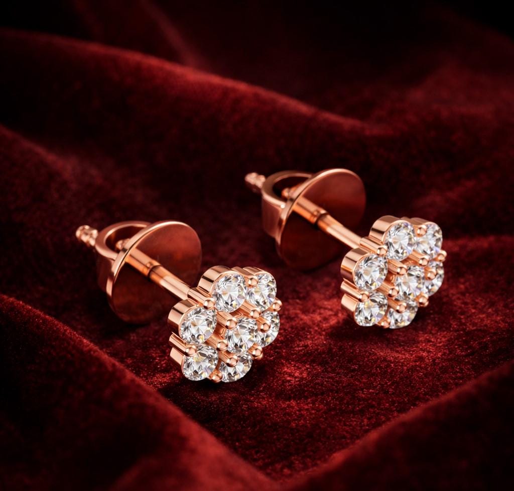 Riora Moissanite diamond cluster stud earrings in gold and rose gold, minimalist bridal jewelry for everyday elegance.