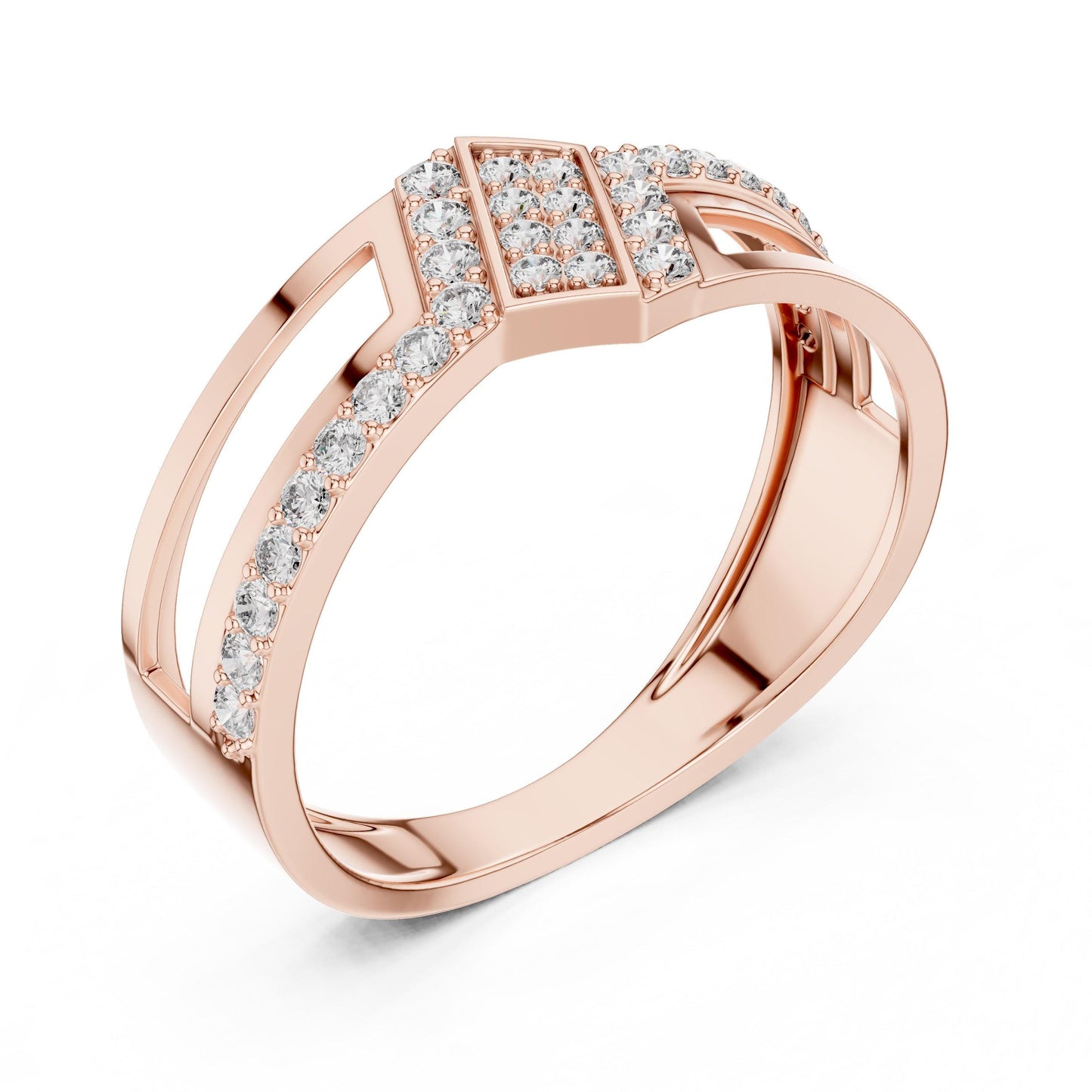 Riora modern CZ split shank geometric ring in gold rose silver with statement design, perfect for promise or anniversary jewelry.