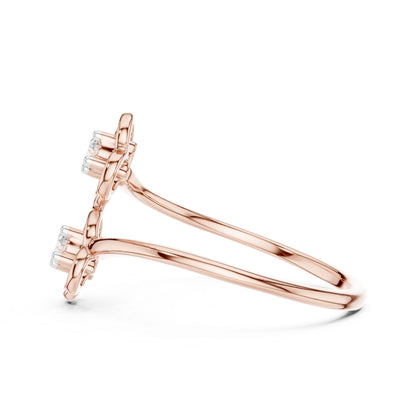 Riora Moissanite double flower ring with open floral design, rose gold finish, minimalist stackable style, adjustable band.