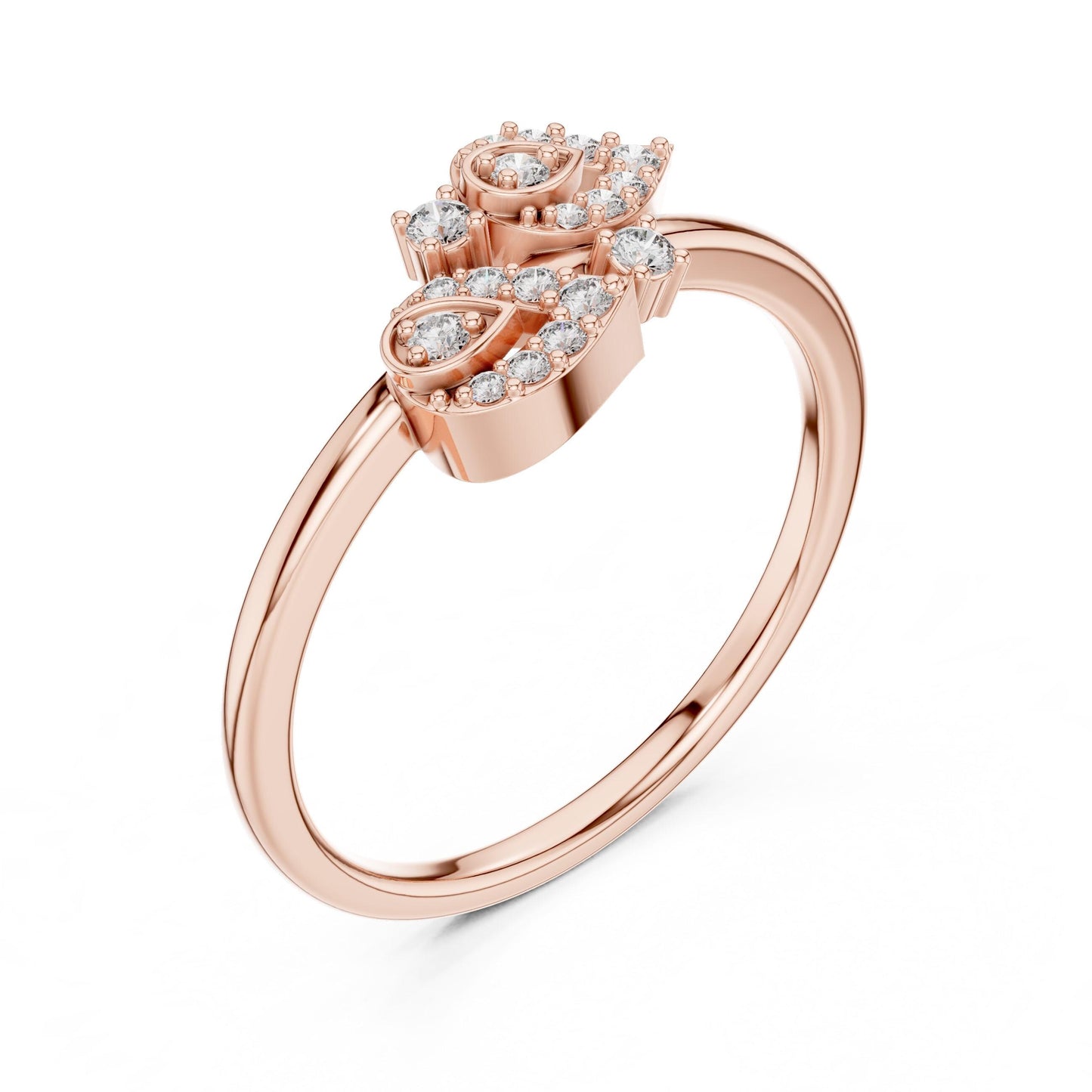 Riora gold rose engagement ring with moissanite diamond leaf design, nature-inspired wedding band, bridal jewelry.
