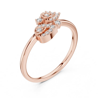 Riora gold rose engagement ring with moissanite diamond leaf design, nature-inspired wedding band, bridal jewelry.