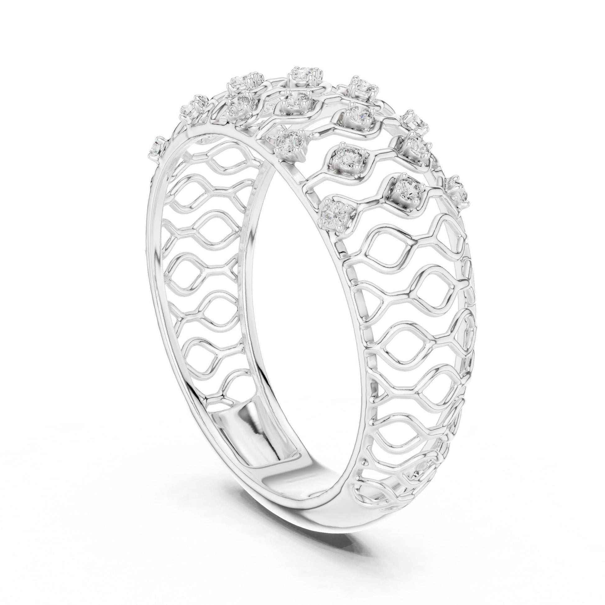 Riora moissanite wide rose gold wedding band with diamond-look lattice design, bridal jewelry for anniversary or special occasions