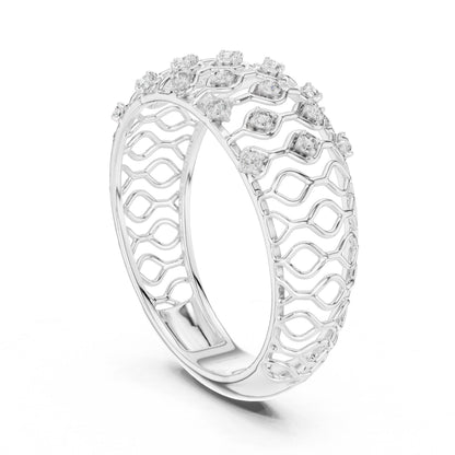 Riora moissanite wide rose gold wedding band with diamond-look lattice design, bridal jewelry for anniversary or special occasions
