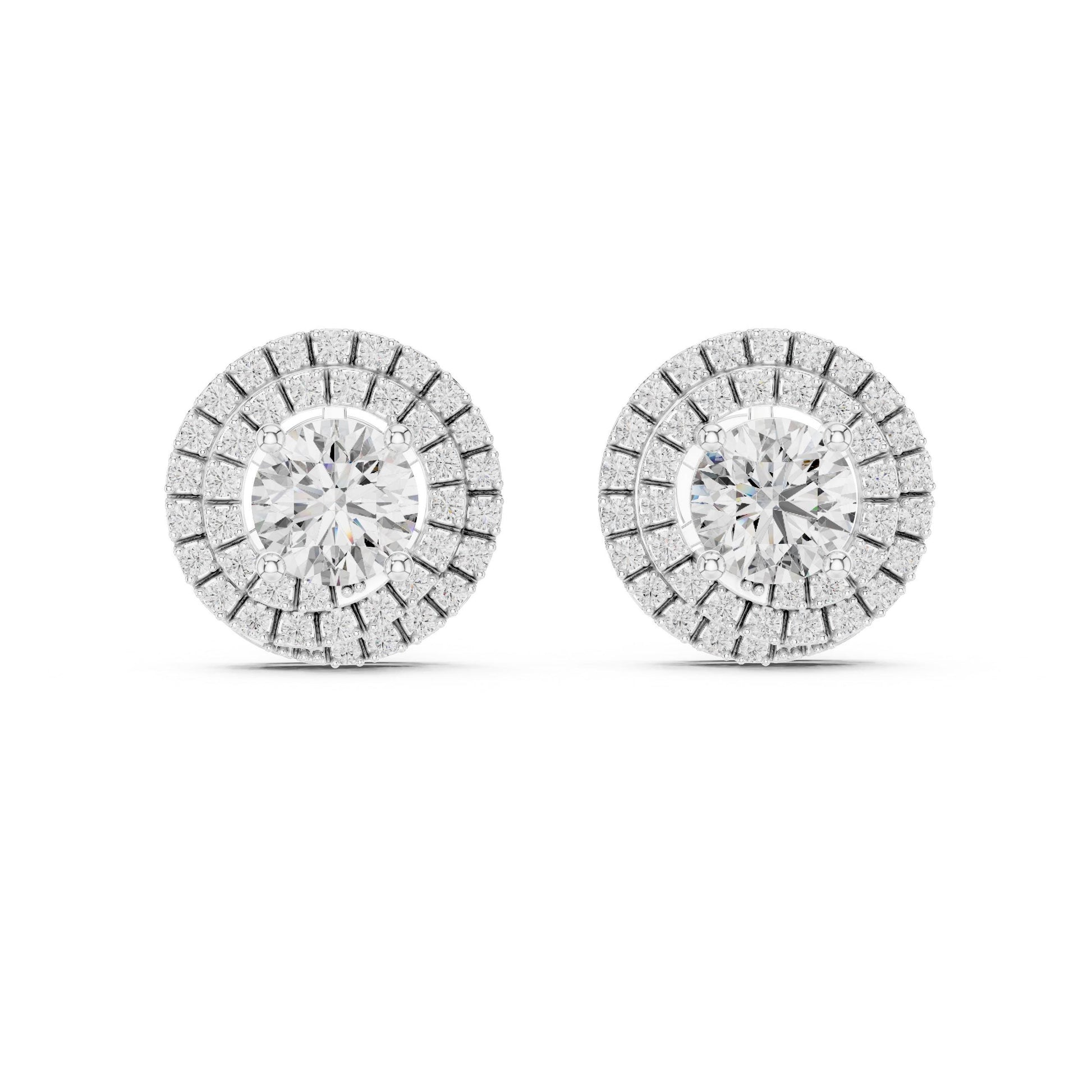 Riora luxury halo moissanite diamond stud earrings with round cut, perfect for bridal or wedding jewelry, sparkling and elegant.