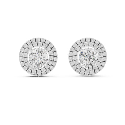 Riora luxury halo moissanite diamond stud earrings with round cut, perfect for bridal or wedding jewelry, sparkling and elegant.