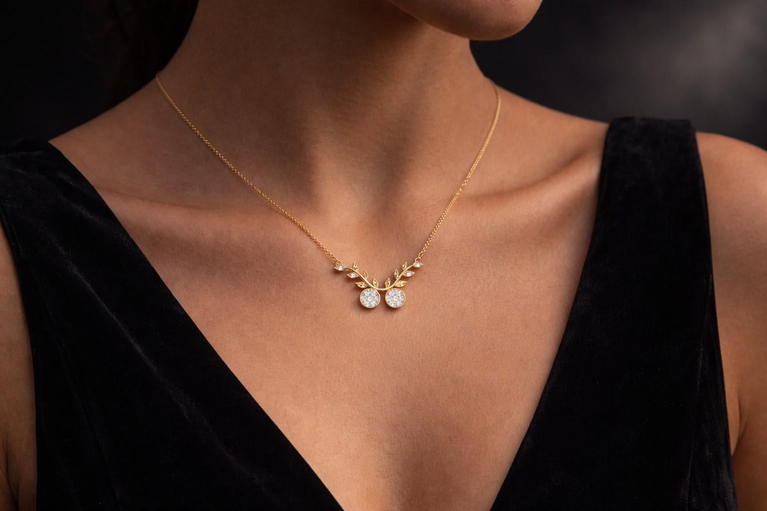 Rose gold and silver moissanite cherry branch necklace with leaf pendant, nature-inspired minimalist bridal jewelry by Riora.