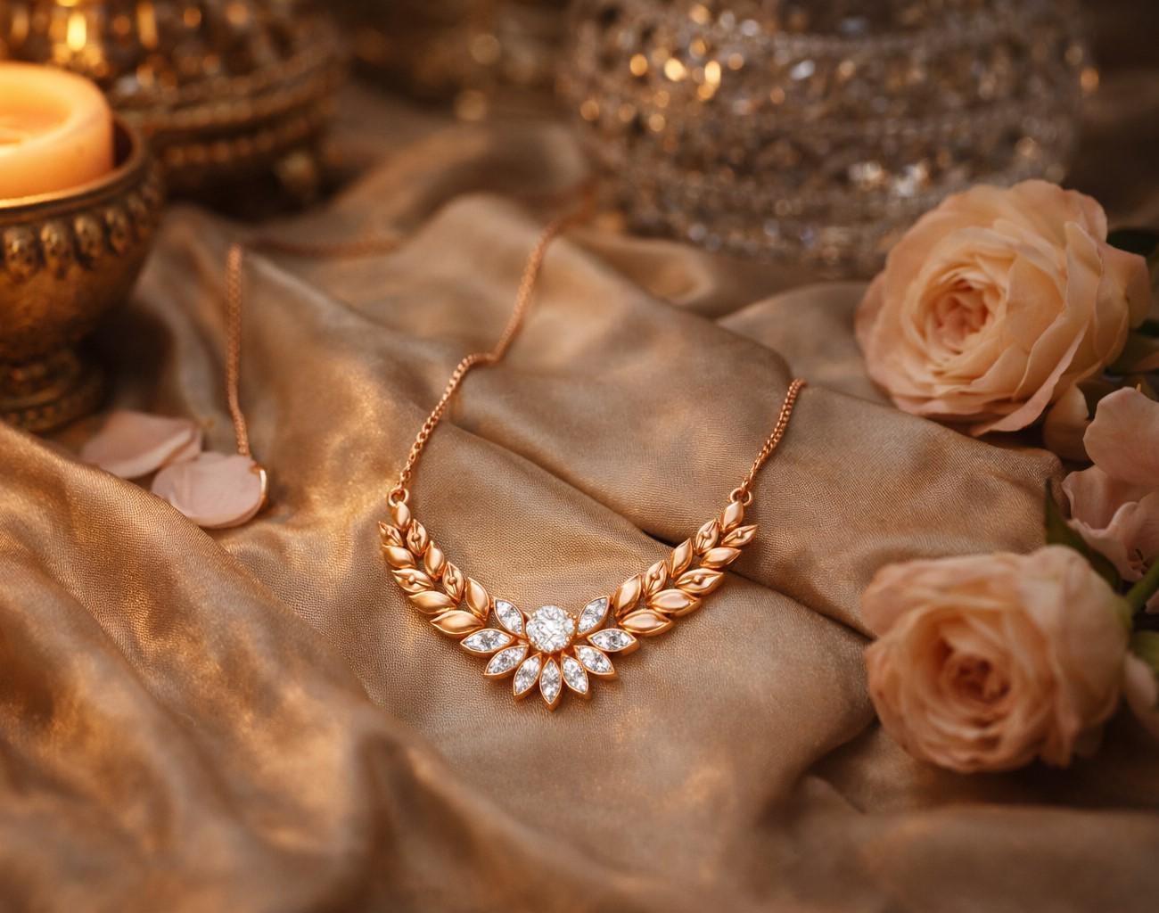 Riora moissanite laurel leaf necklace in gold and rose gold, minimalist bridal pendant with diamond-style sparkle on a white background.