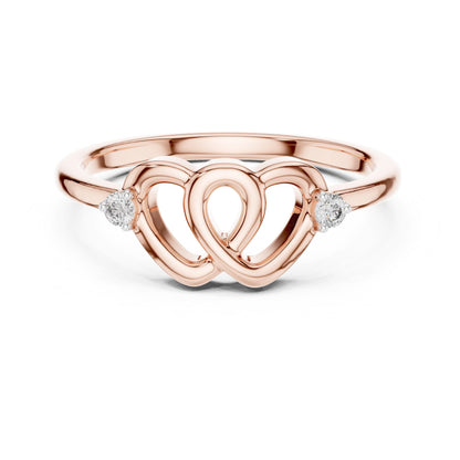 Silver triple heart moissanite ring with love knot design, elegant minimalist style for women, romantic anniversary jewelry.
