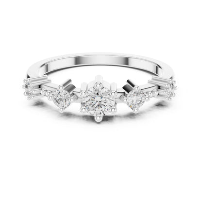 Riora moissanite five stone vintage crown prong engagement ring with rose gold band, minimalist design for women.