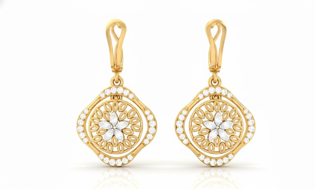 Moissanite Floral Drop Stud Earrings | Hypoallergenic Dangle Studs | Gold, Rose Gold & Silver | Riora