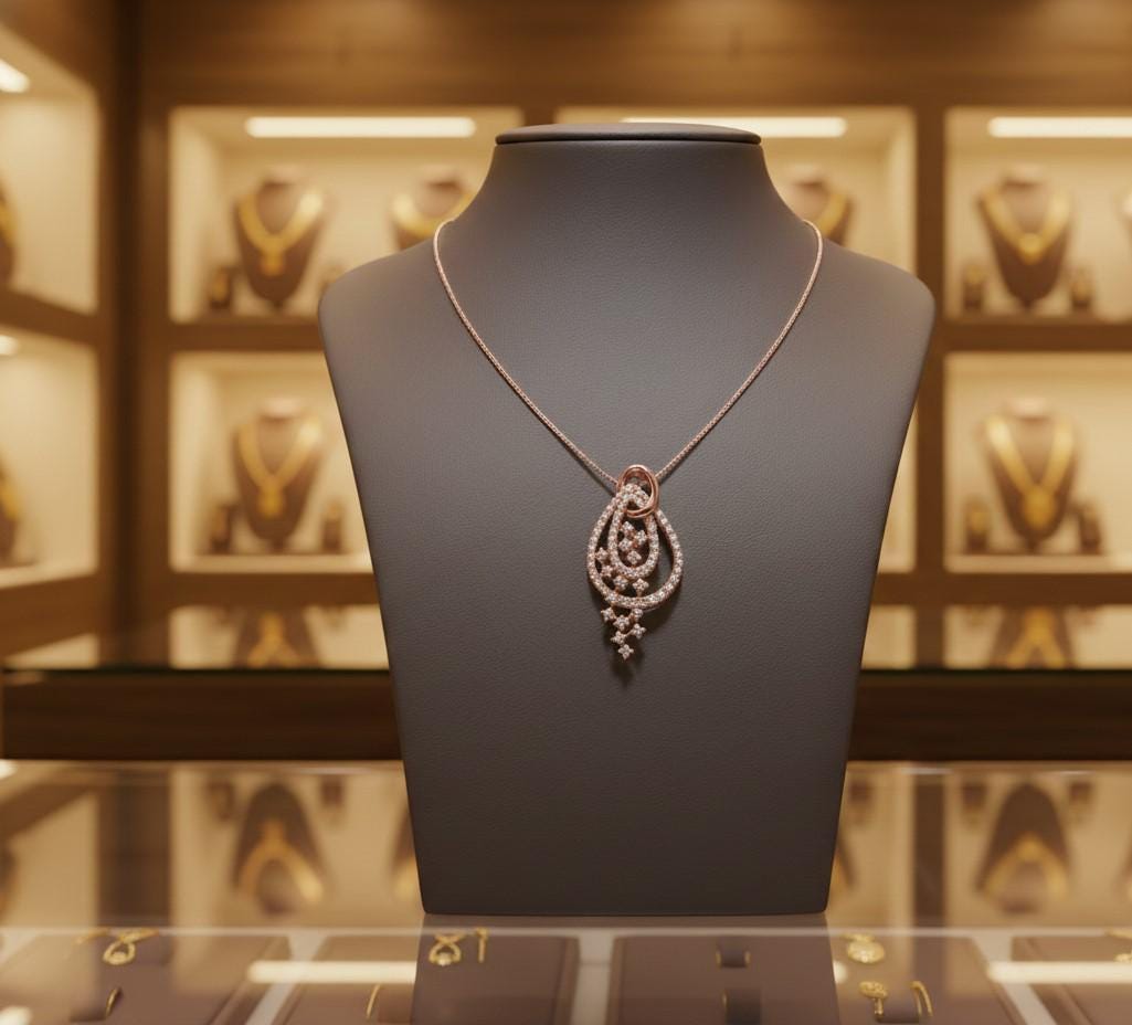 Riora Moissanite teardrop pendant necklace in gold, rose gold, and silver with a sparkling gemstone, elegant bridal jewelry.