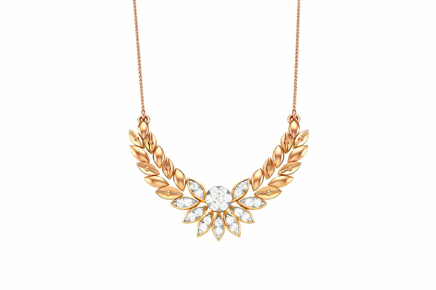Riora Moissanite Laurel Leaf Necklace in gold and rose gold, minimalist bridal pendant with diamond-style sparkle.
