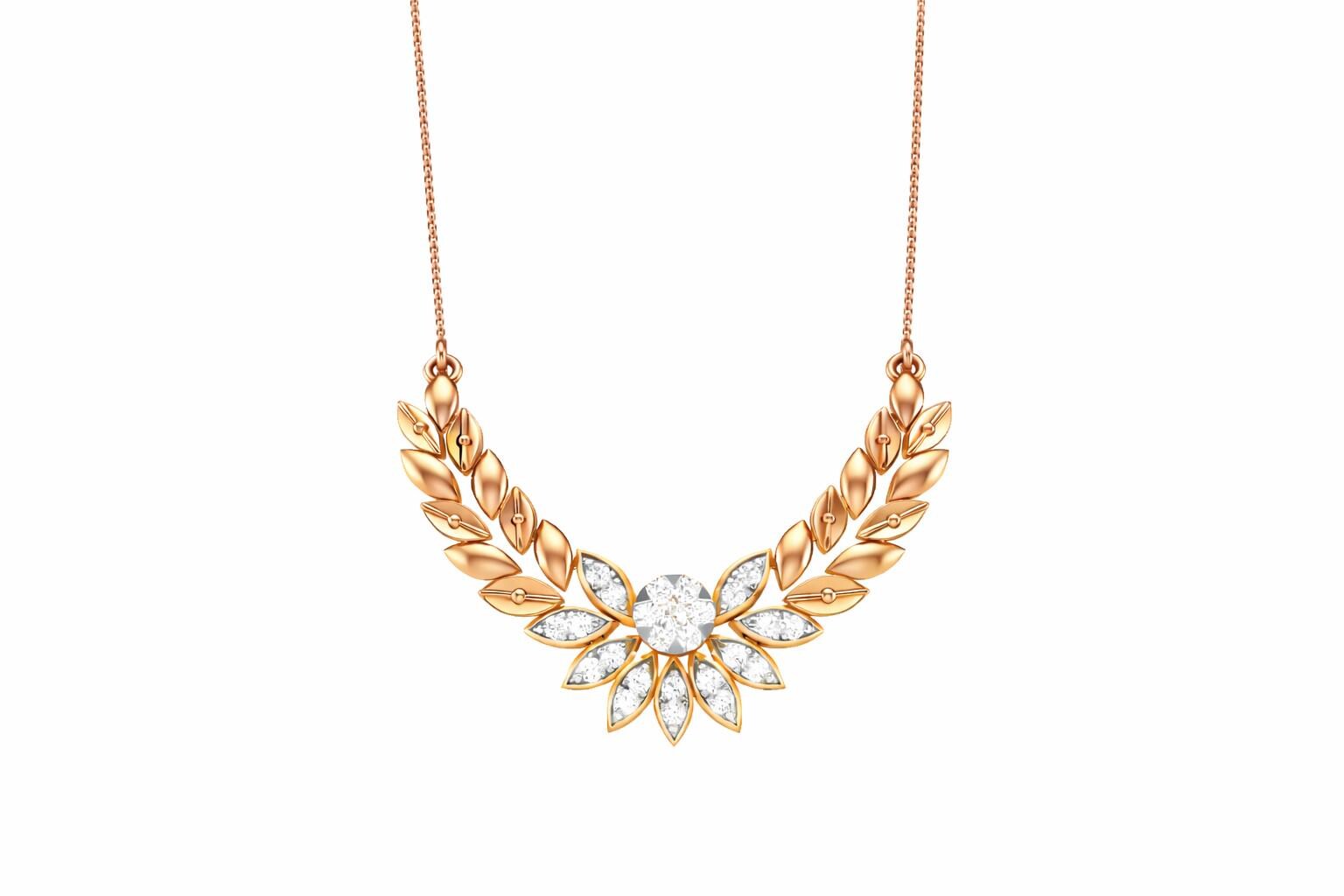 Riora Moissanite Laurel Leaf Necklace in gold and rose gold, minimalist bridal pendant with diamond-style sparkle.