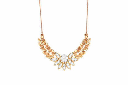 Riora Moissanite Laurel Leaf Necklace in gold and rose gold, minimalist bridal pendant with diamond-style sparkle.