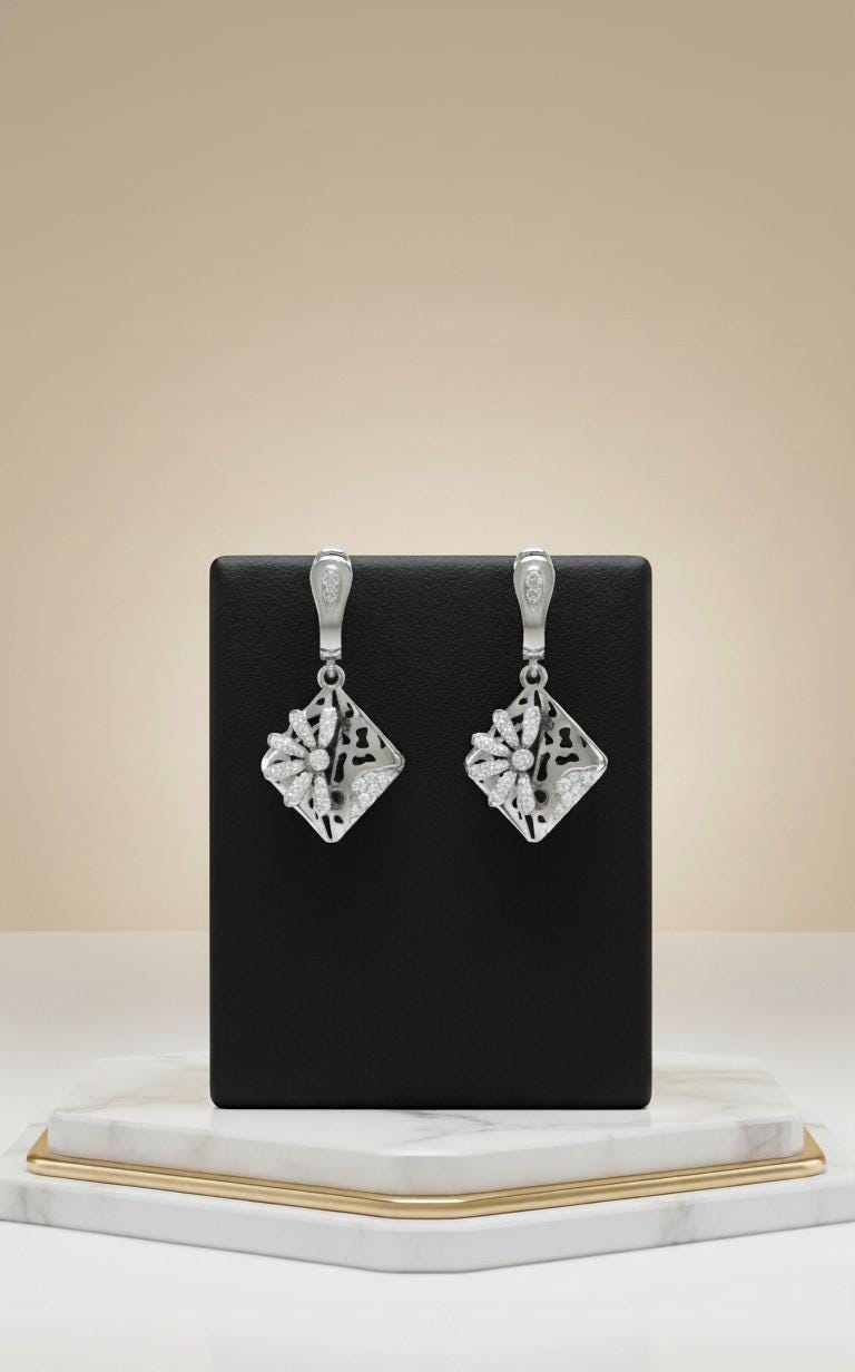 Moissanite Floral Drop Earrings | Hypoallergenic Geometric Dangle | Gold, Rose Gold, Silver