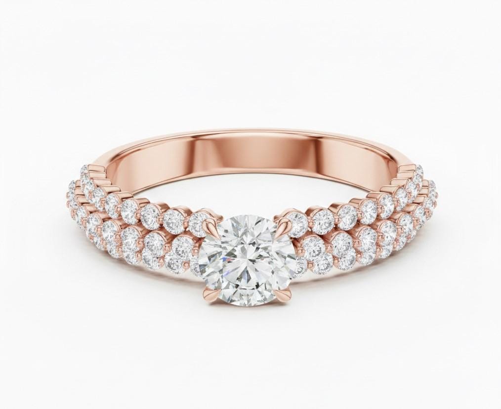 Cubic Zirconia Engagement Ring – Triple Pavé Band | Gold, Rose Gold & Silver