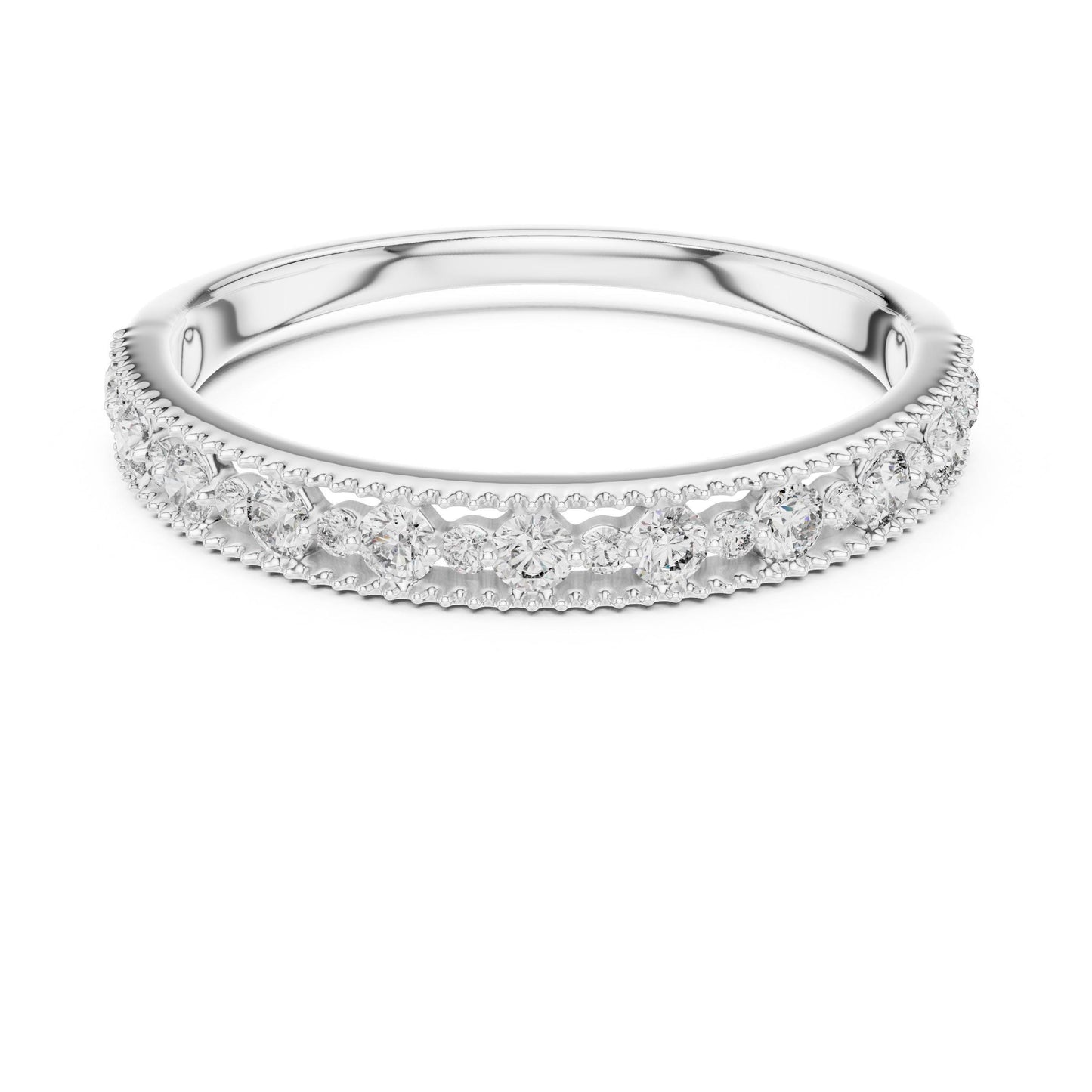 Riora moissanite eternity wedding band in rose gold, silver, and gold with sparkling stackable rings for anniversary or bridal wear.