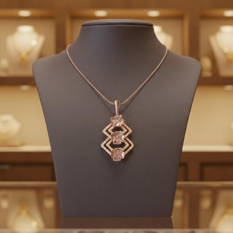 Moissanite Clover Pendant  Gold Rose Silver Floral Diamond Look Jewelry,  Elegant Everyday Necklace