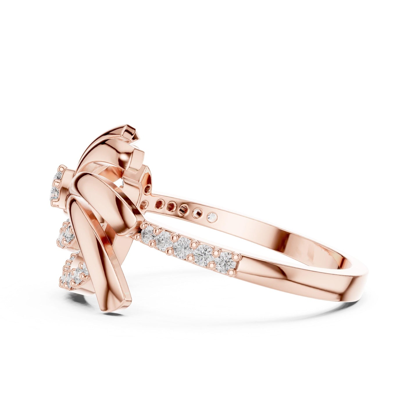 Rose gold floral swirl moissanite diamond ring featuring vintage leaf design, perfect as an engagement or promise band for women.