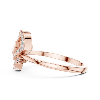 Riora luxury geometric moissanite diamond ring with gold and silver band, minimalist modern jewelry for engagement or statement wear.