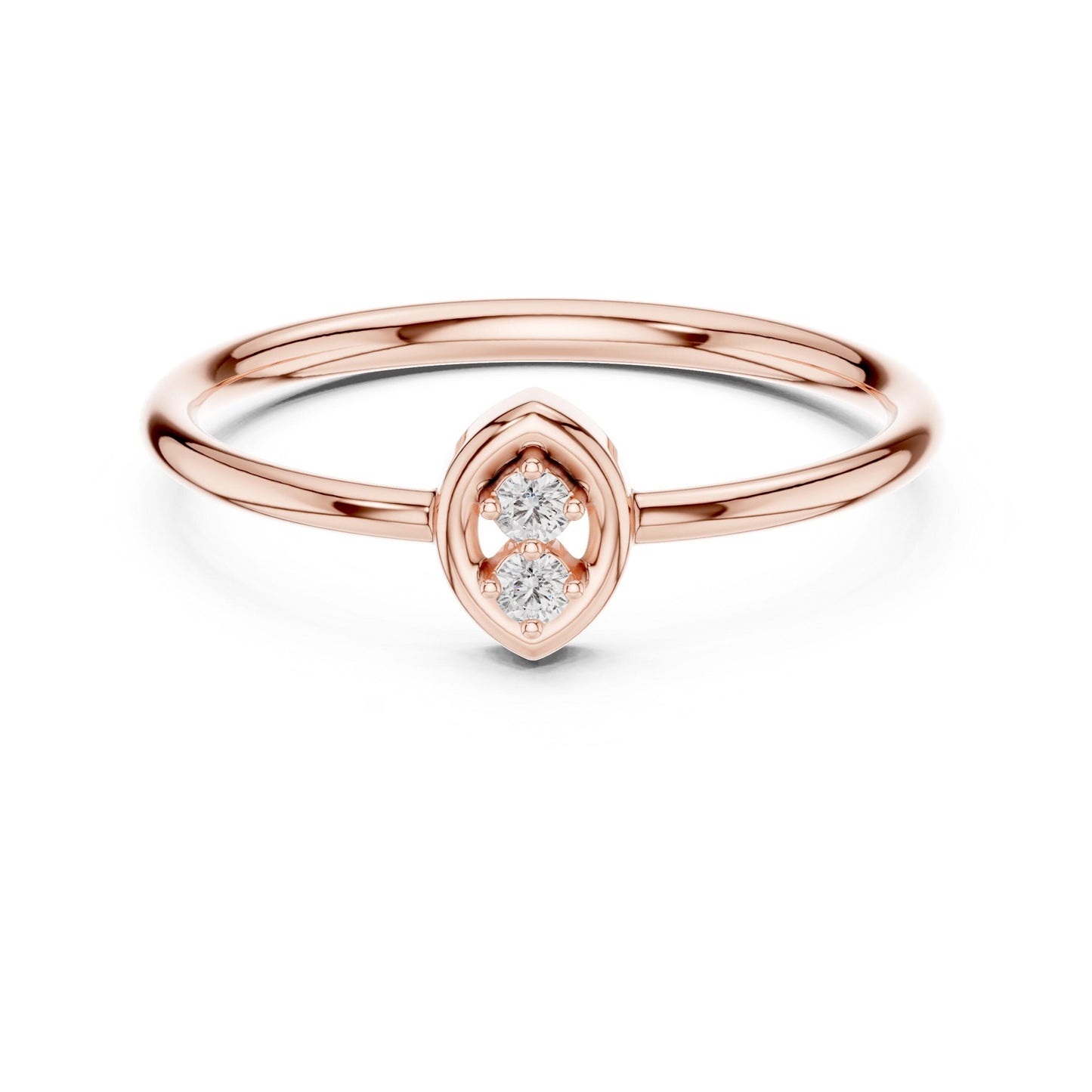 Riora minimalist double moissanite diamond ring with two stones, dainty engagement band in gold or silver, open design.