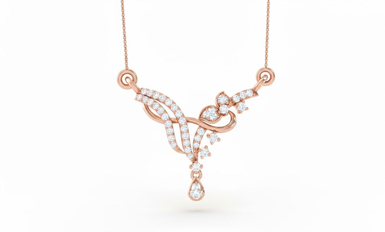 Moissanite Floral Pendant Necklace, Teardrop Charm, Rose Gold Finish