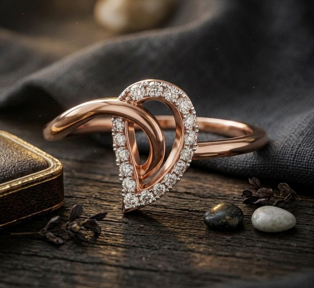 Riora moissanite halo heart ring in rose gold with diamond-style band, minimalist and romantic engagement or anniversary jewelry