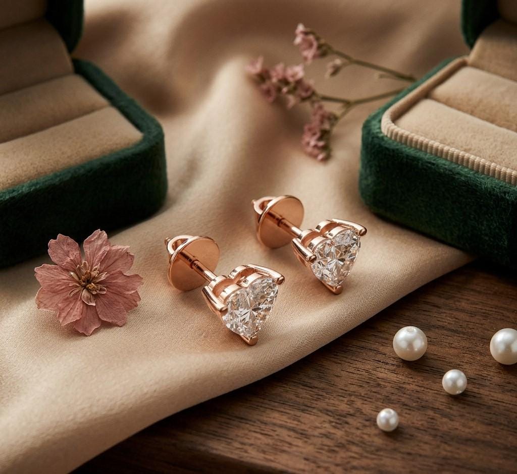 Rose gold 6mm heart-shaped moissanite diamond stud earrings by Riora, minimalist love jewelry for women.