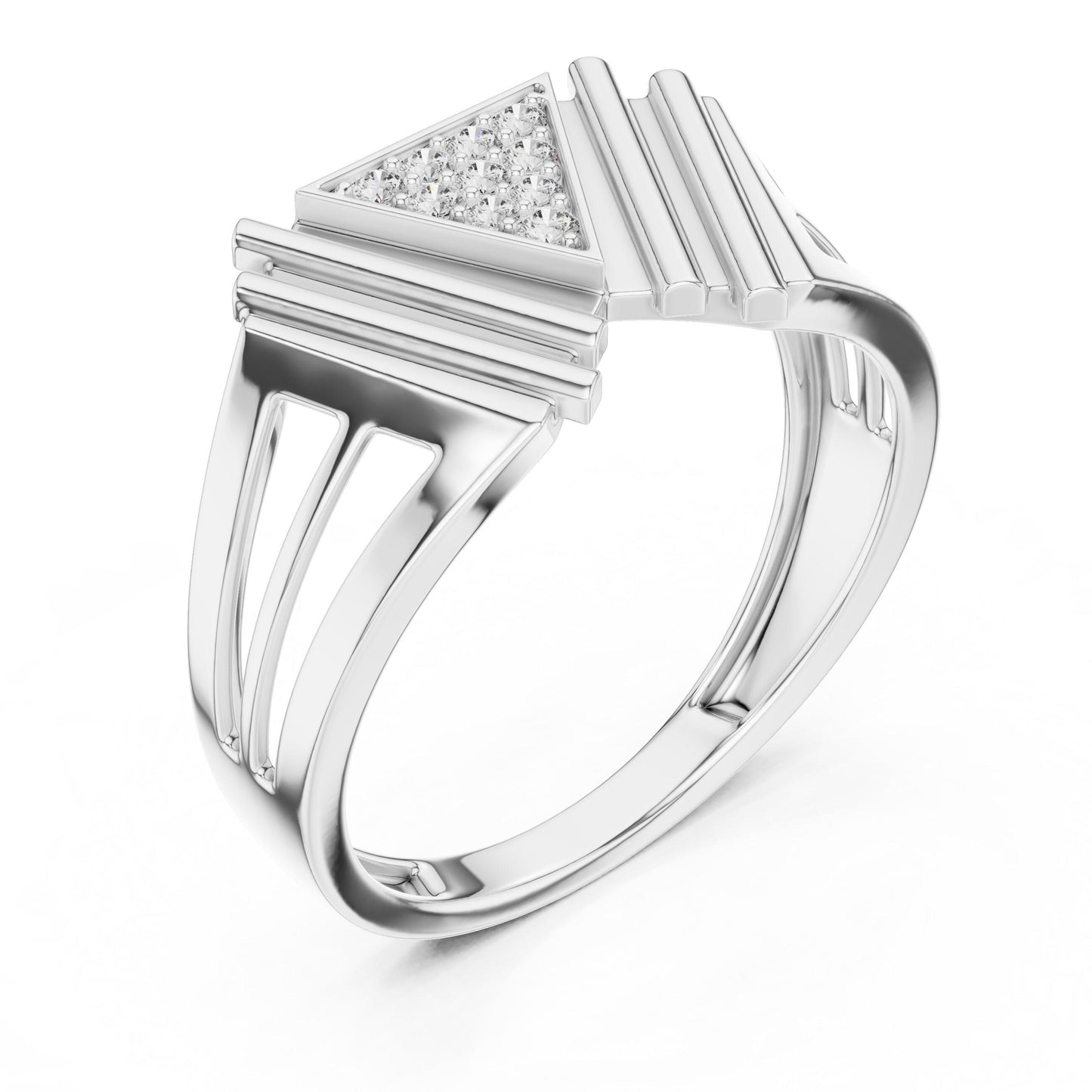 Rose gold geometric triangle moissanite diamond ring by Riora, featuring a minimalist modern design perfect for women.