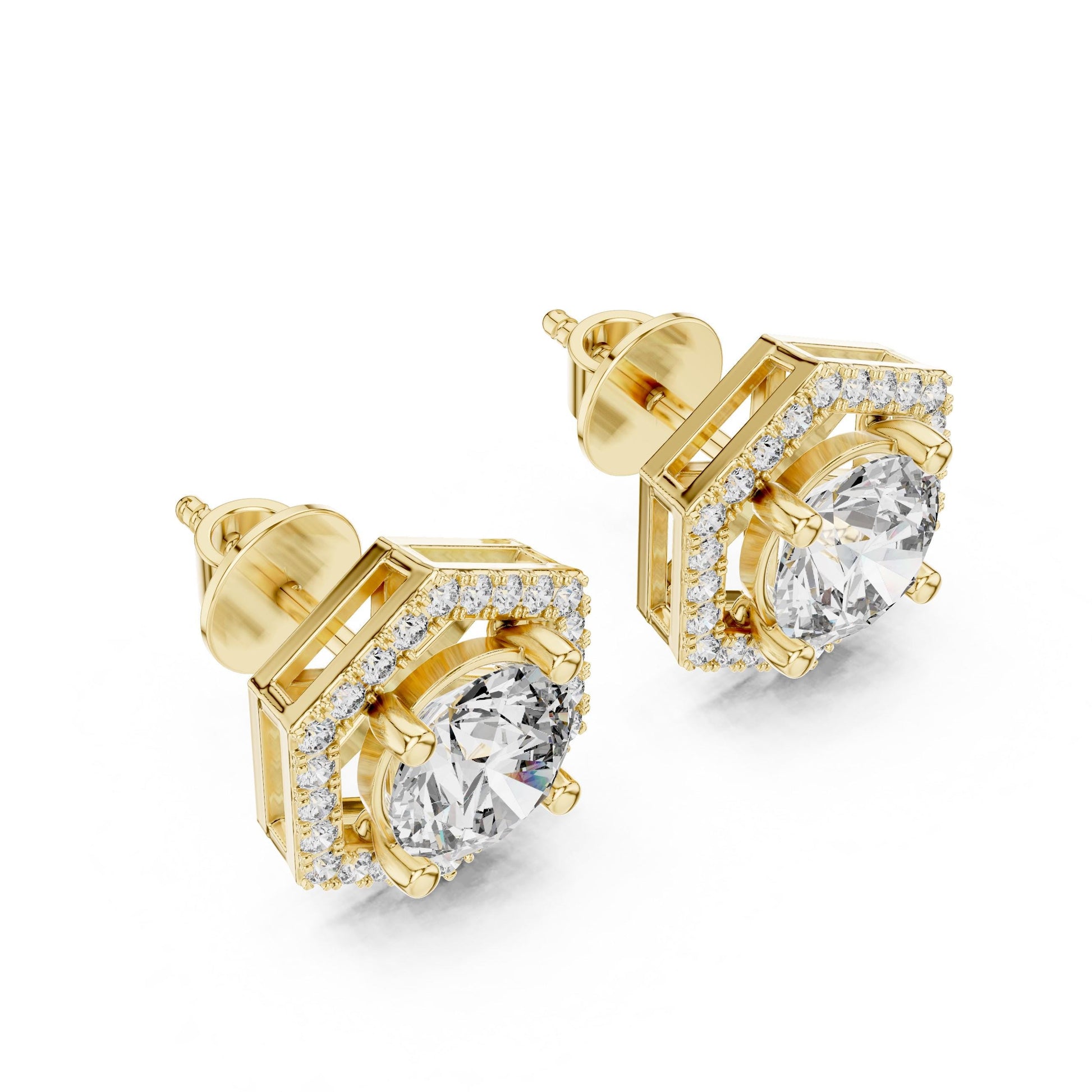 Riora hexagon moissanite diamond stud earrings in rose gold and silver with minimalist geometric design, dainty jewelry for everyday wear
